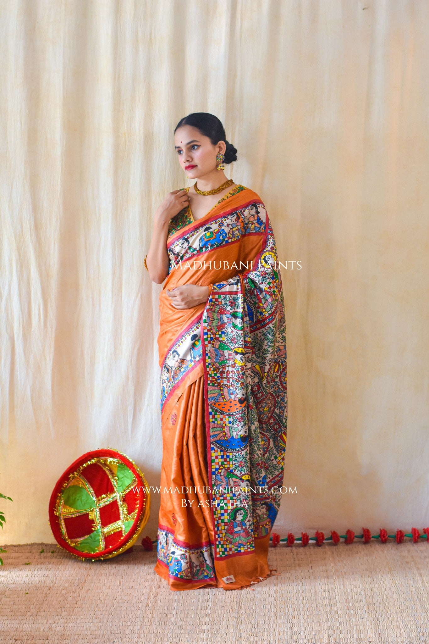 "MITHILA KOHBAR" Rust Orange Hand Painted Madhubani Tussar Silk Saree Blouse set