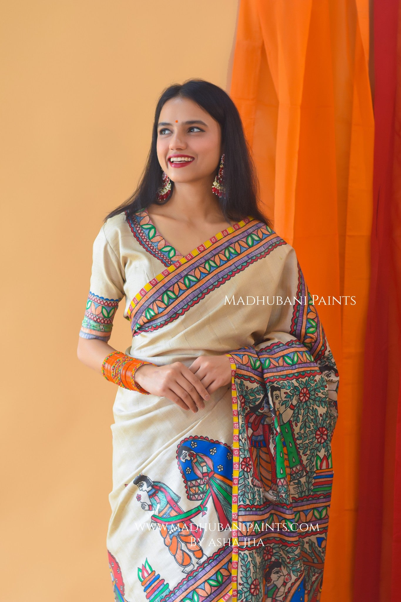 MITHILANCHAL VIVAH Hand-painted Madhubani Tussar Silk Saree Blouse Set