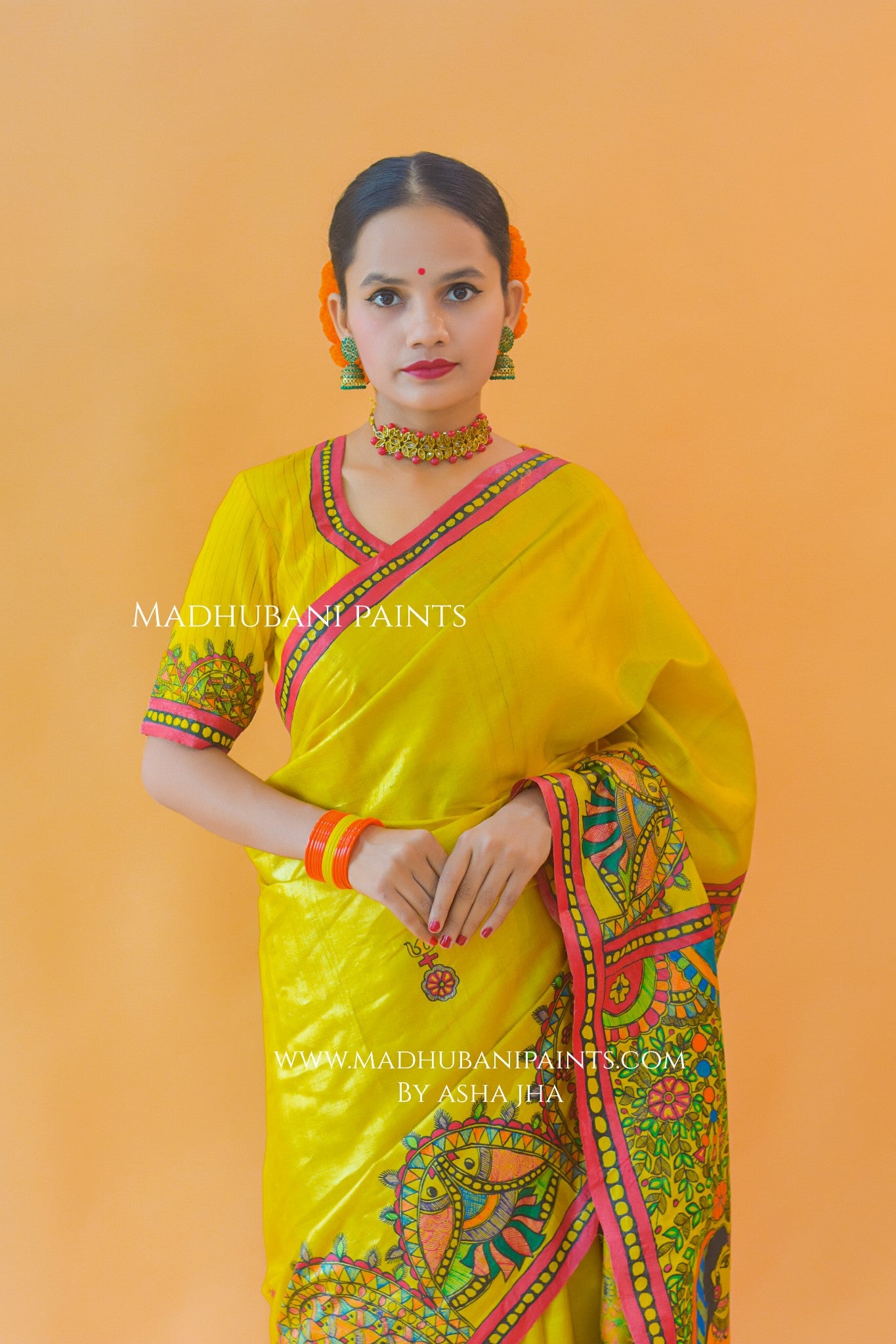 SHIV PARVATI VIVAH Hand-painted Madhubani Tussar Silk Saree Blouse Set