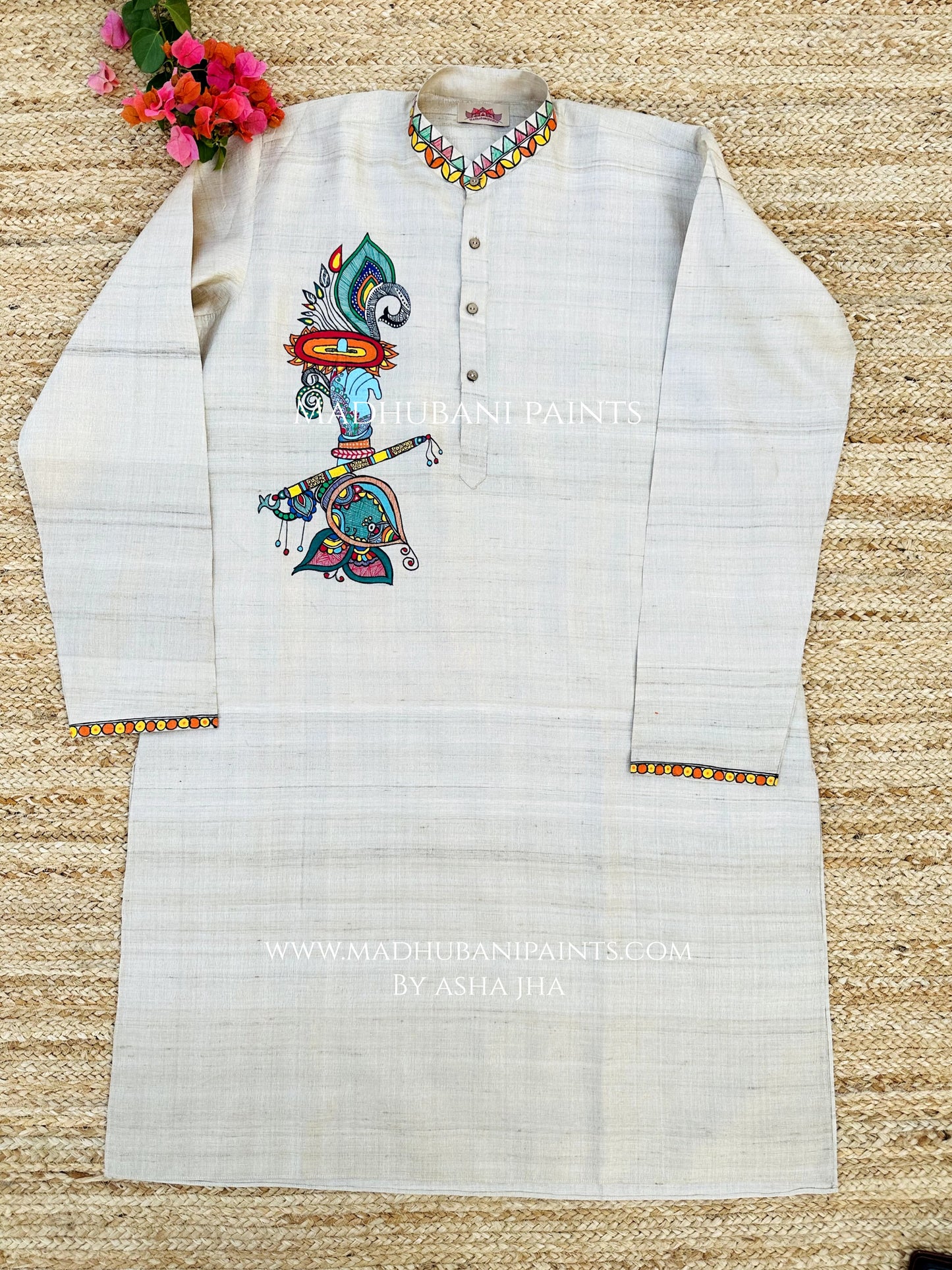 Krishna's Mor Paankh Men's Hand-painted  Madhubani Tussar Silk Kurta