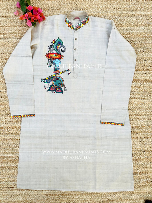 Krishna's Mor Paankh Hand-painted Madhubani Men's Tussar Silk Kurta