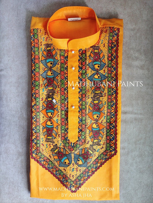 Multicoloured Fish Hand-painted Handloom Men's Cotton Kurta