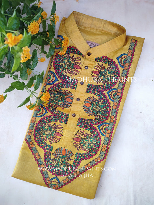 Yellow Lotus Hand-painted Handloom Tussar Silk Kurta