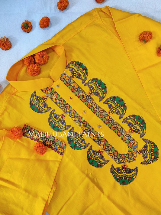 Yellow Diya Hand-painted Handloom Cotton Kurta