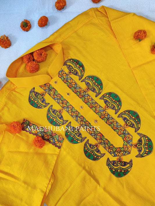 Yellow Diya Hand-painted Handloom Men's Cotton Kurta
