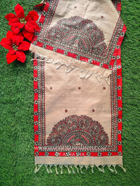 Matsya Mandara Red Black Hand-painted Madhubani Tussar Silk Stole