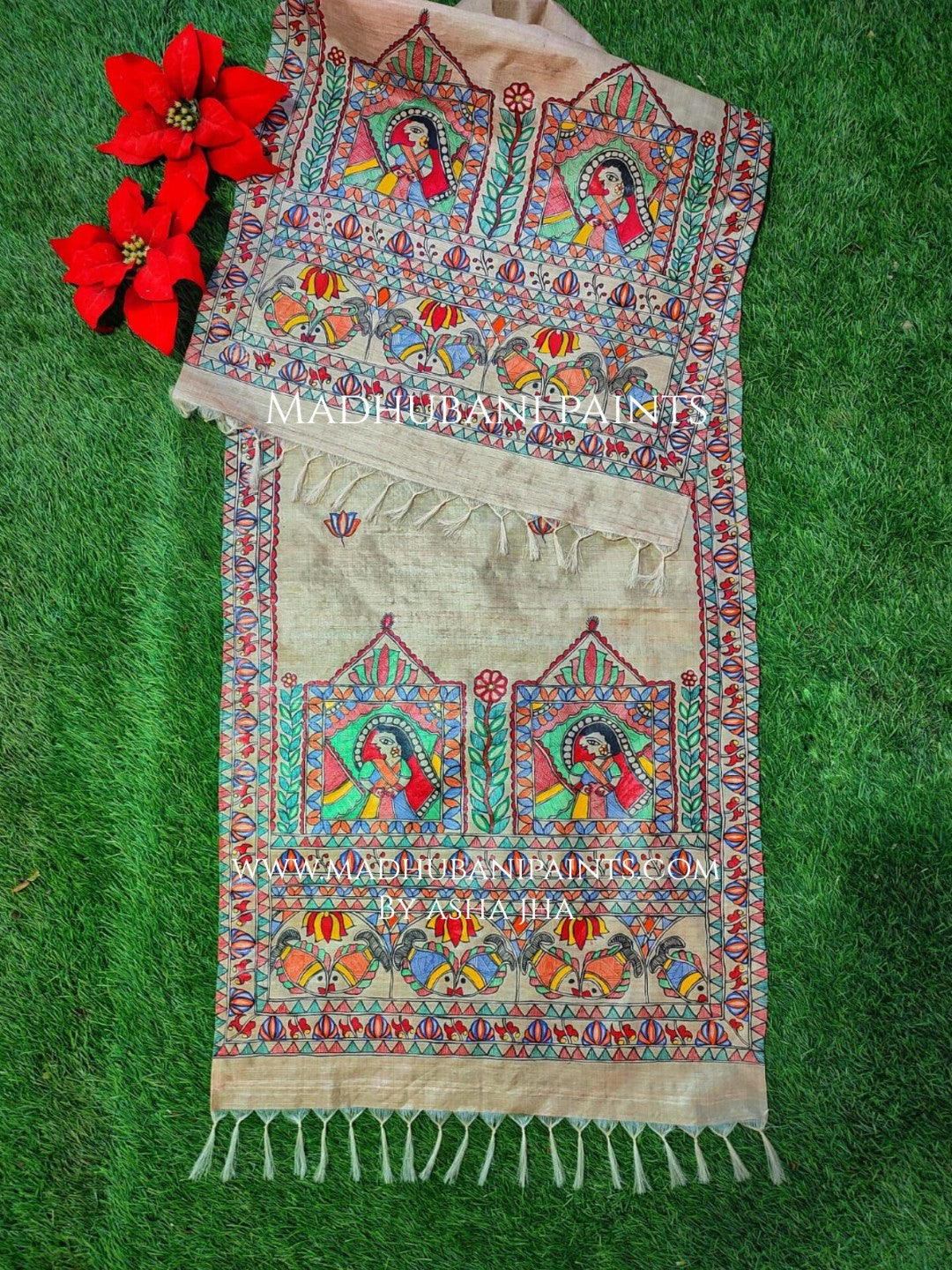 Doli Multicolor Beige Madhubani Hand-painted Tussar Silk Stole