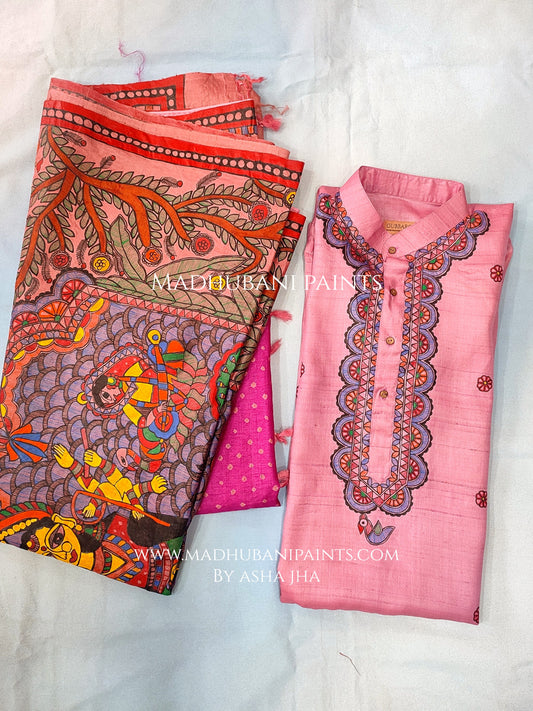 Pink Mithila Flowers Men's Hand-painted  Madhubani Tussar Silk Kurta