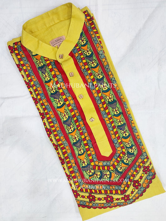 Yellow Men's Fish Hand-painted Handloom Cotton Kurta