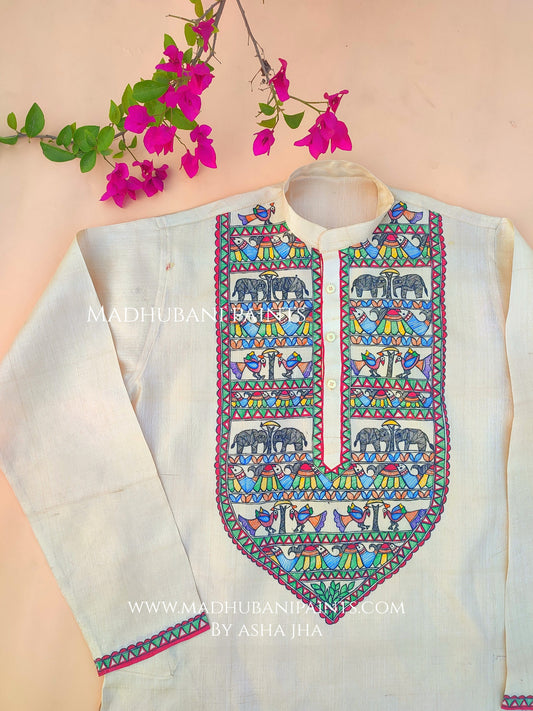 Hathi Mor Machli Hand-painted Madhubani Men's Tussar Silk Kurta