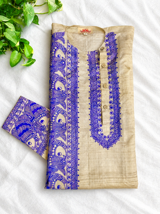 NEELA SURMAI SAMUNDAR Hand-painted  Madhubani Men's Tussar Silk Kurta