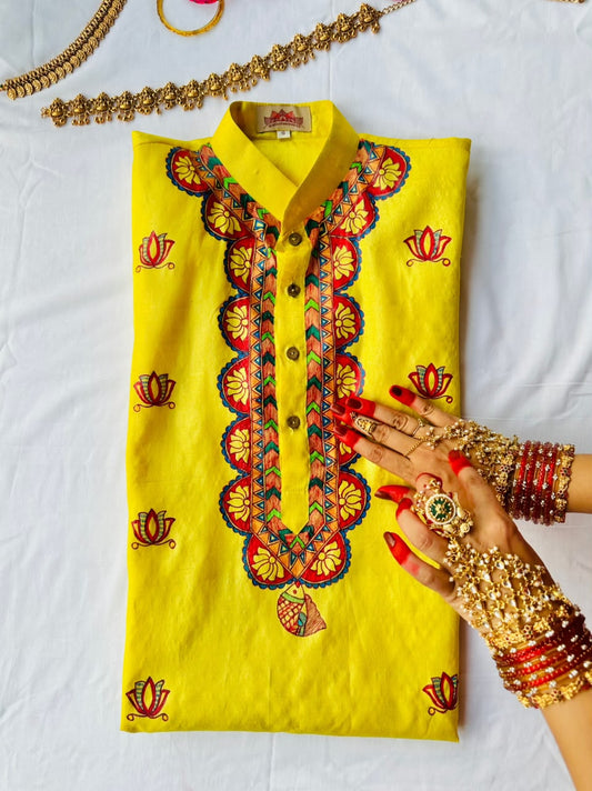 Mithila Flower Hand-painted Yellow Madhubani Men's Tussar Silk Kurta