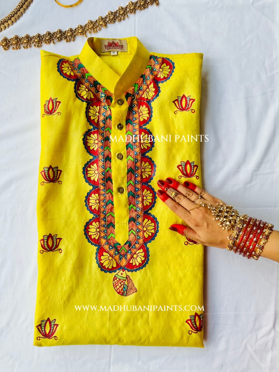 Mithila Flower Hand-painted Yellow Madhubani Men's Tussar Silk Kurta