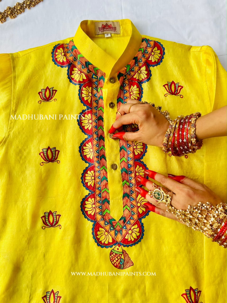 Mithila Flower Hand-painted Yellow Madhubani Men's Tussar Silk Kurta