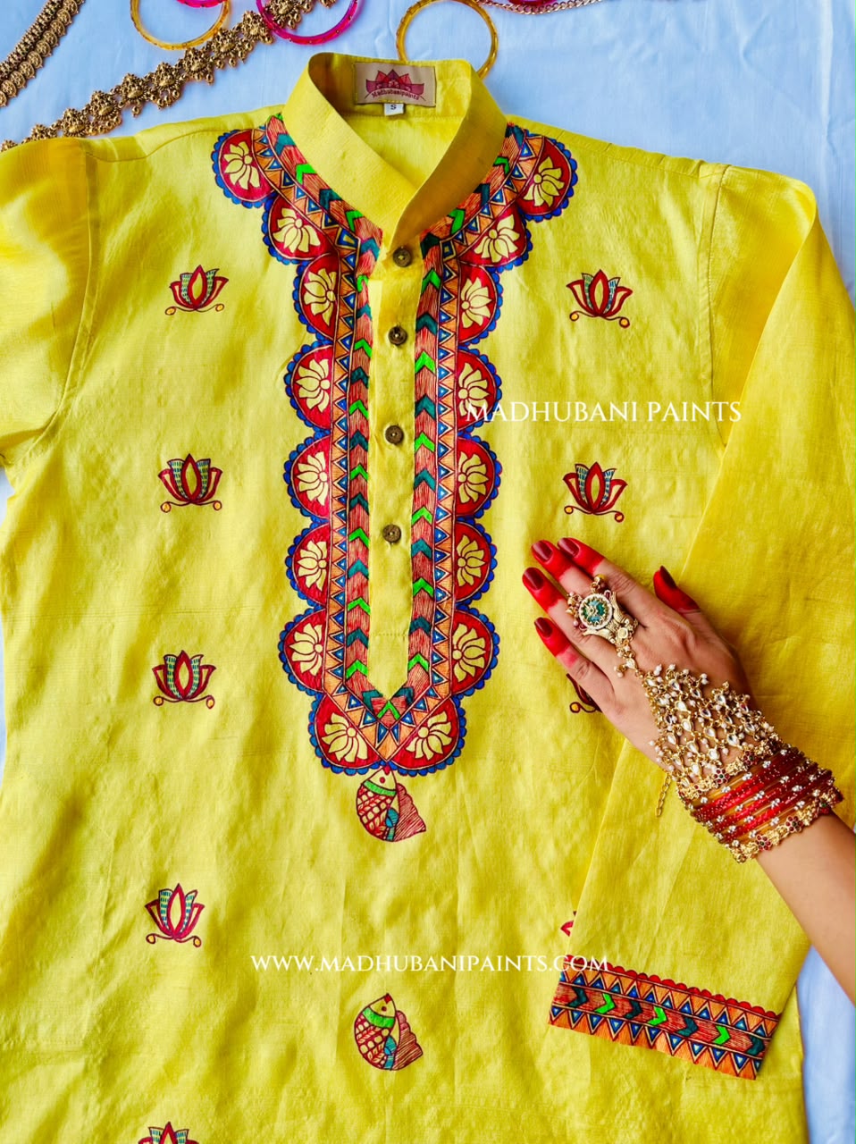 Mithila Flower Hand-painted Yellow Madhubani Men's Tussar Silk Kurta