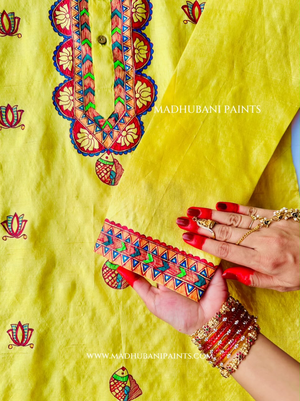 Mithila Flower Hand-painted Yellow Madhubani Men's Tussar Silk Kurta