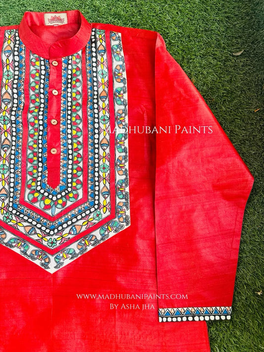 Red Surmai Kamal Hand-painted Madhubani Men's Tussar Silk Kurta