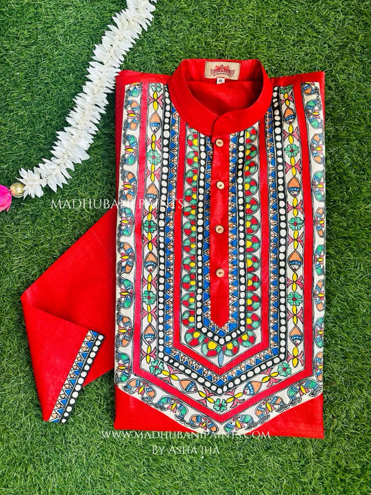 Red Surmai Kamal Hand-painted  Madhubani Men's Tussar Silk Kurta