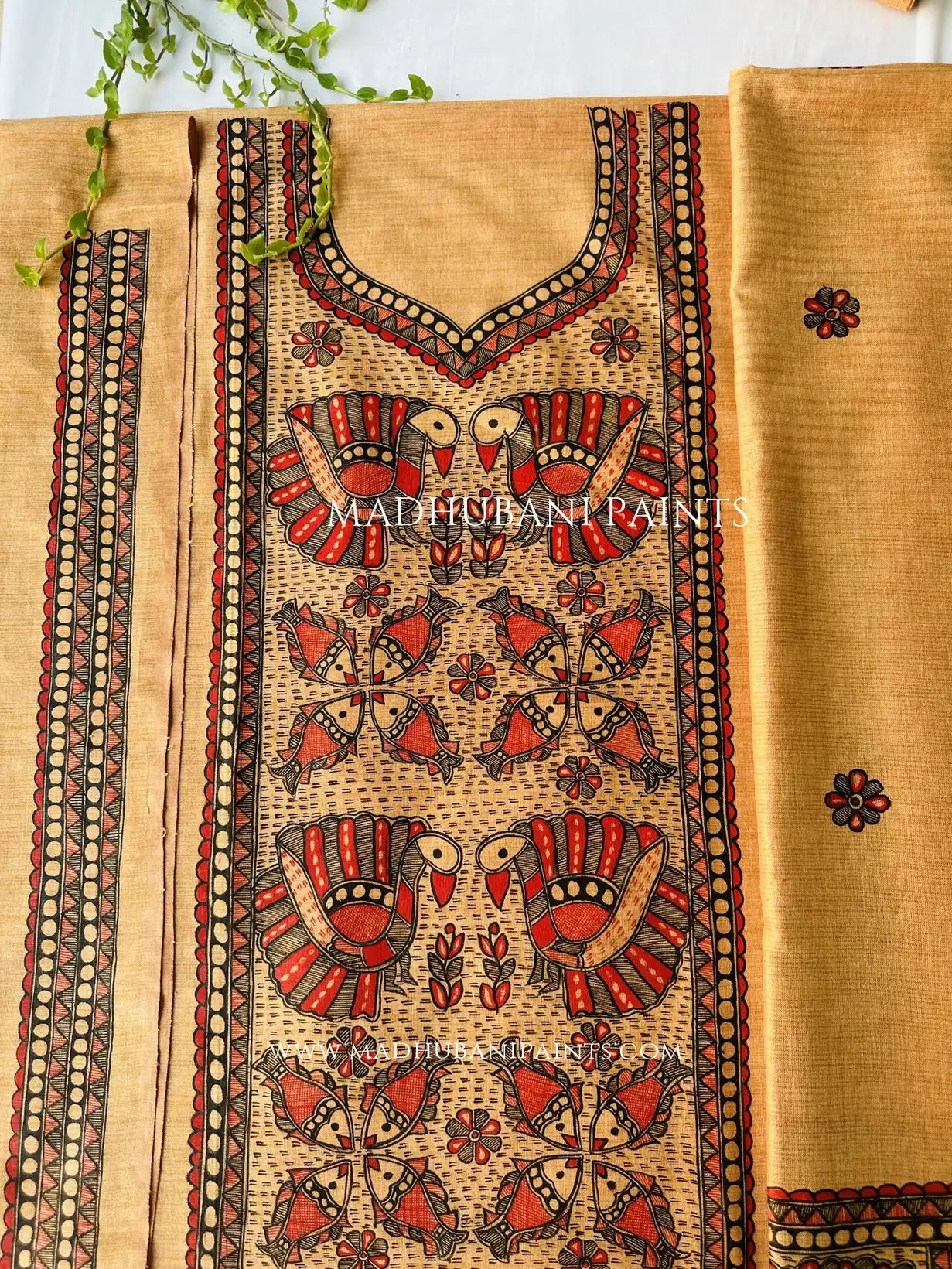Jeevan Vatika Hand-painted Madhubani Painting Cotton Unstitched Suit Set