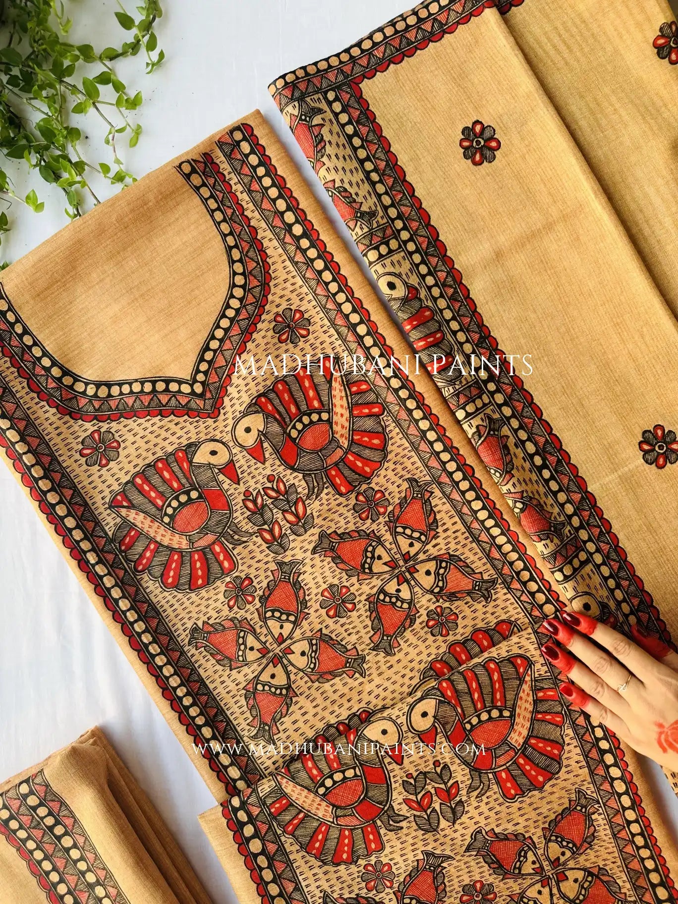 Jeevan Vatika Hand-painted Madhubani Painting Cotton Unstitched Suit Set