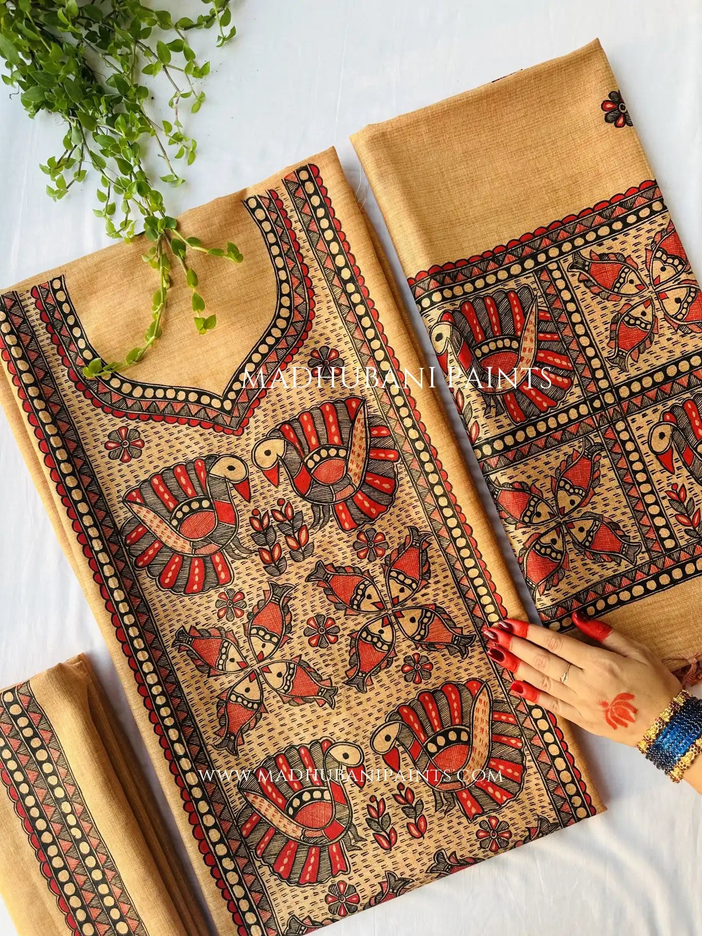 Jeevan Vatika Hand-painted Madhubani Painting Cotton Unstitched Suit Set