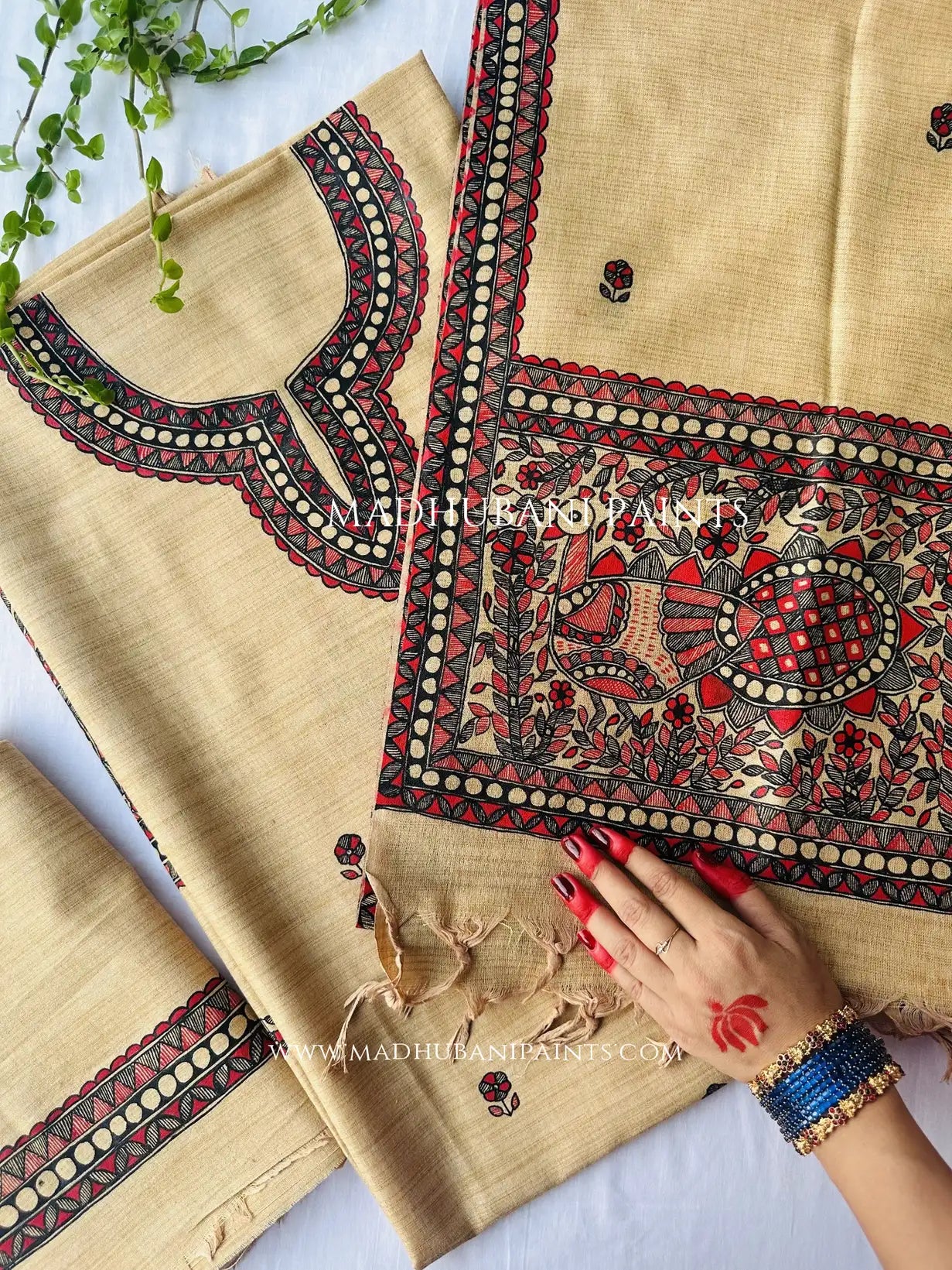 Mayur Vihar Hand-painted Madhubani Painting Cotton Unstitched Suit Set