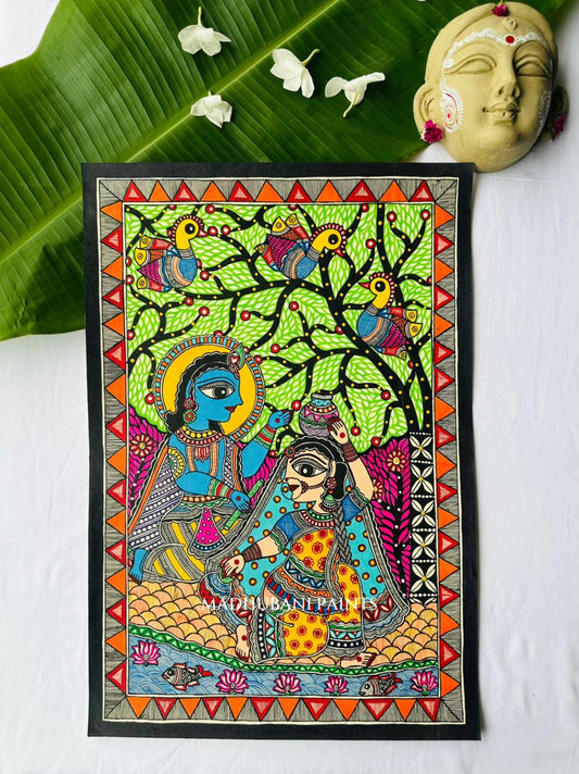 Radha Krishna Madhubani painting sitting in forest for home decor