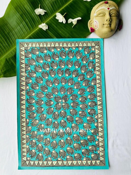 Madhubani painting of a dense repeating pattern of small stylized fish in black and cream on a turquoise background, framed by a triangle border