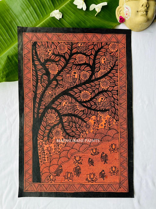 A rectangular hand-painted madhubani Painting featuring a  tree of life with peacock, fish and lotus pond