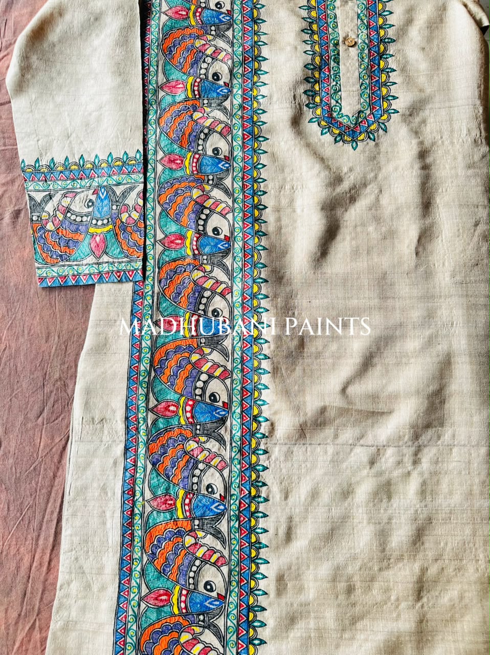 SURMAI SAMUNDAR Multicolor Hand-painted  Madhubani Men's Tussar Silk Kurta
