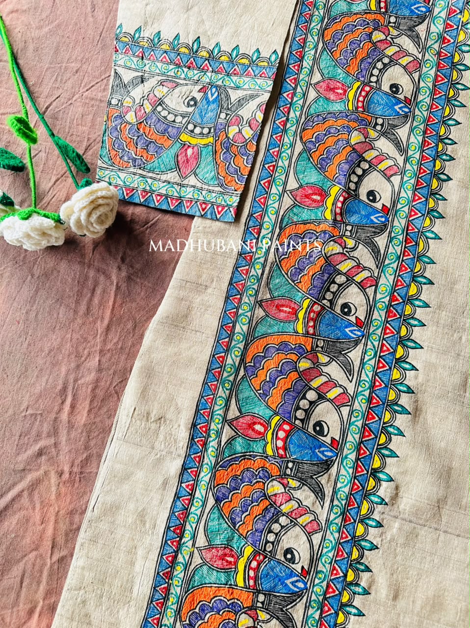 SURMAI SAMUNDAR Multicolor Hand-painted  Madhubani Men's Tussar Silk Kurta