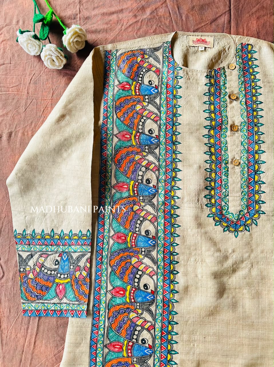 SURMAI SAMUNDAR Multicolor Hand-painted  Madhubani Men's Tussar Silk Kurta