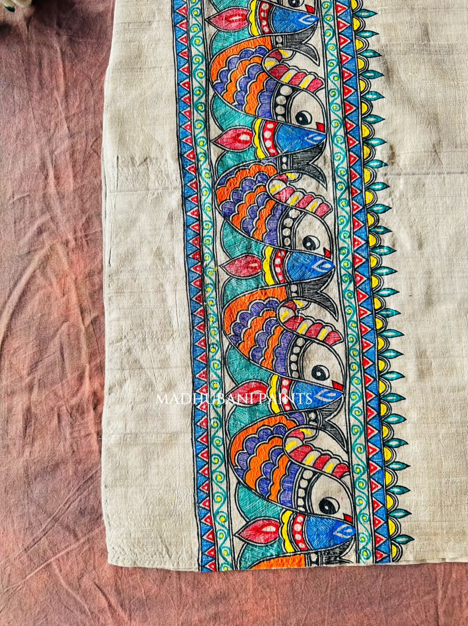 SURMAI SAMUNDAR Multicolor Hand-painted  Madhubani Men's Tussar Silk Kurta