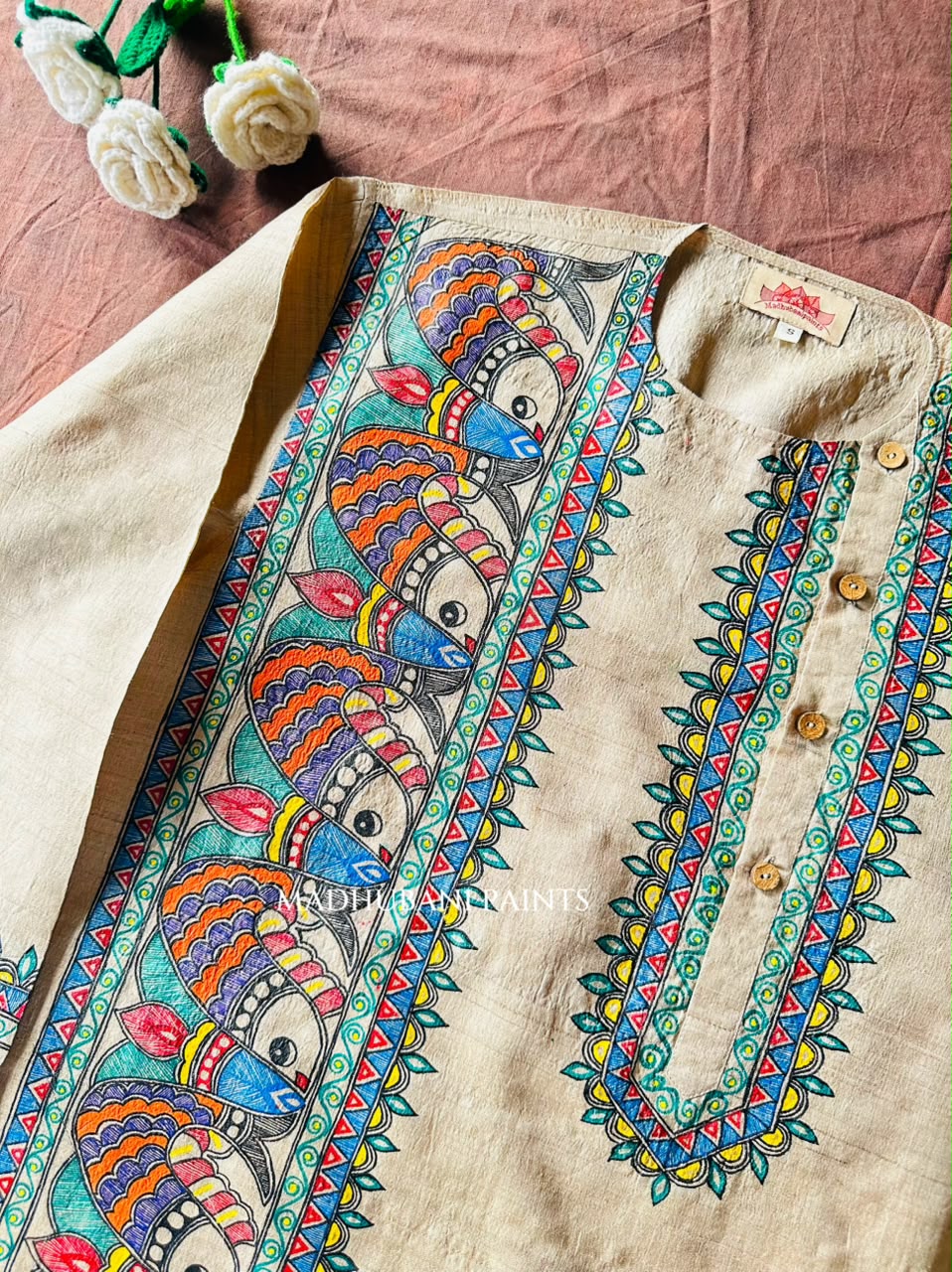 SURMAI SAMUNDAR Multicolor Hand-painted  Madhubani Men's Tussar Silk Kurta