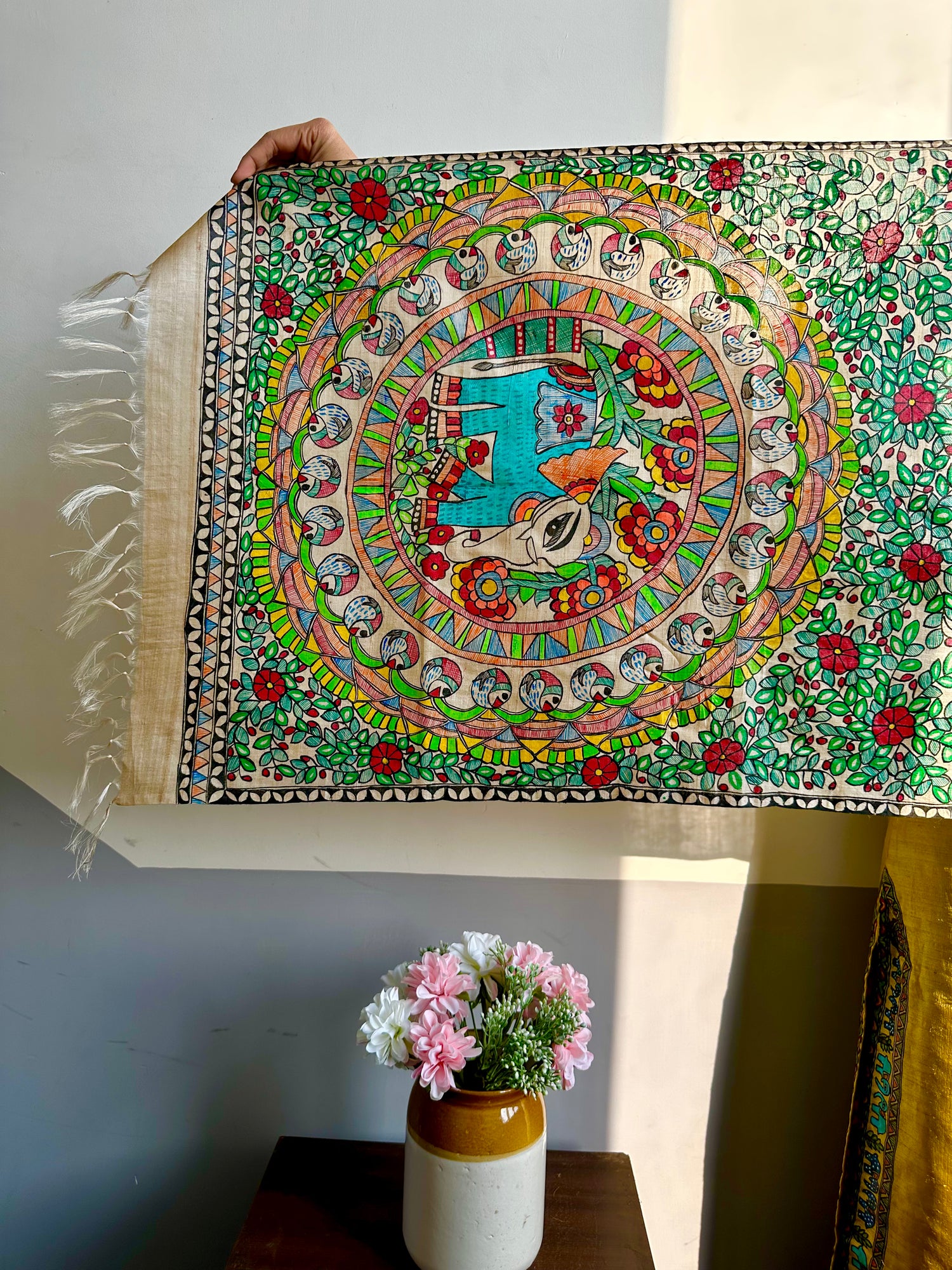 Handpainted madhubani Painting SIlk stole on Tussar silk with elephant design.