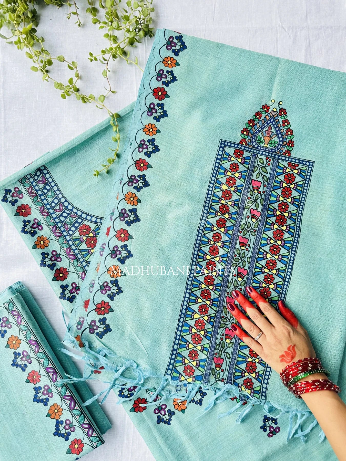 A closer look of handpainted dupatta with madhubani artwork