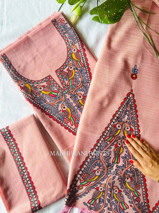 Sugga Hand-painted Madhubani Painting Cotton Unstitched Kurta Pant Dupatta Set