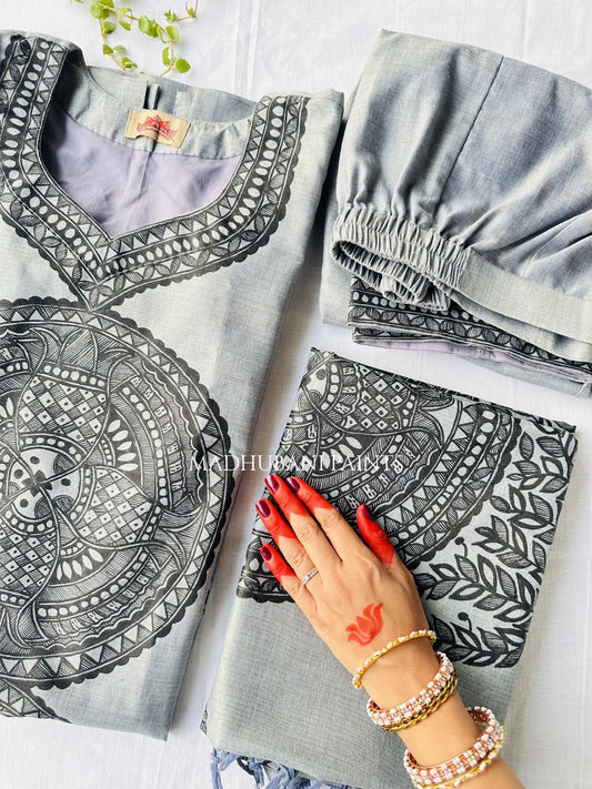 Handpainted suit set with madhubani artwork in black color