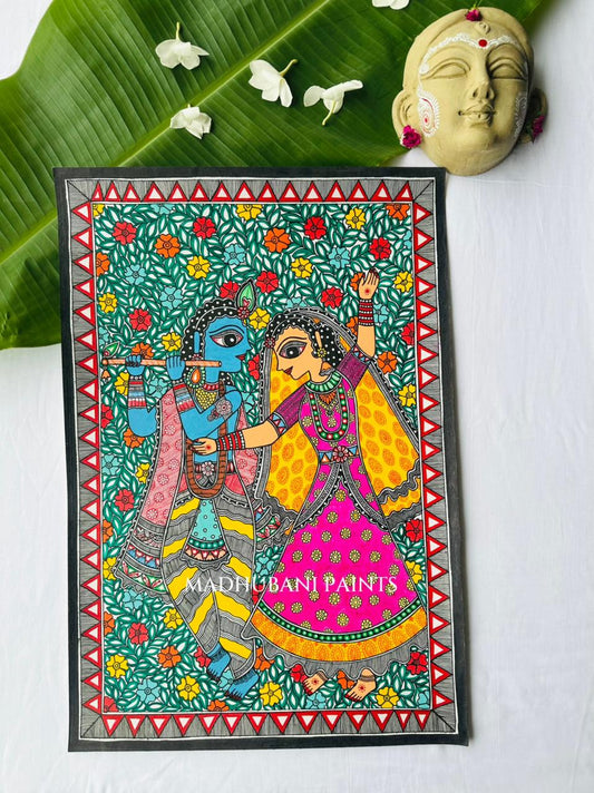 Madhubani painting depicting Radha and Krishna In a dance form