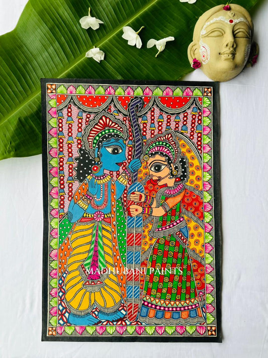 A colorful Madhubani Paints traditional Indian hand-painted depicting Ram Sita .