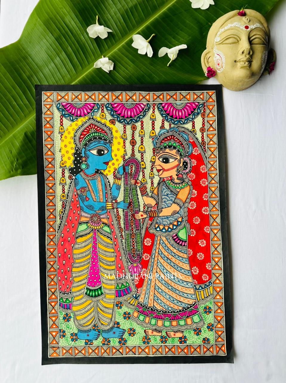 A colorful Madhubani-style painting of Sita Ram Swayambar scene