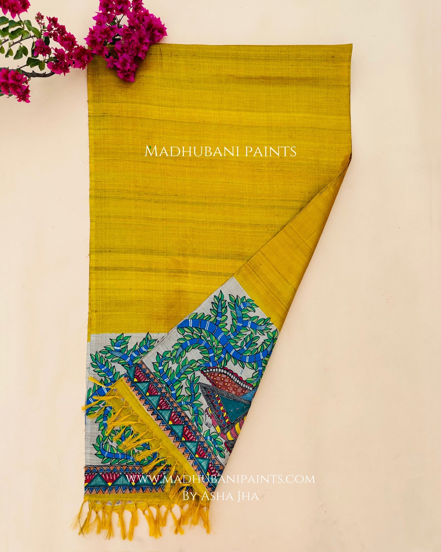 Yellow Tussar silk handpainted madhubani stole