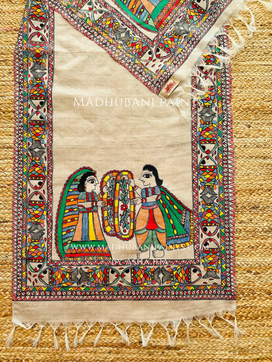Madhubani painting of SIta Ram Swaymbar on a tussar silk fabric 