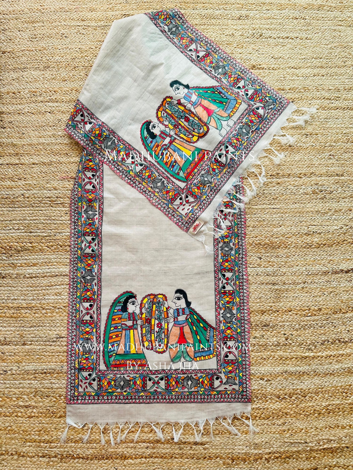 Madhubani painting of SIta Ram Swaymbar on a tussar silk fabric 