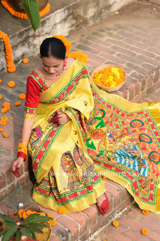 cotton saree with a hand-painted Madhubani Surya (sun) motif — SURYA Chhath Puja