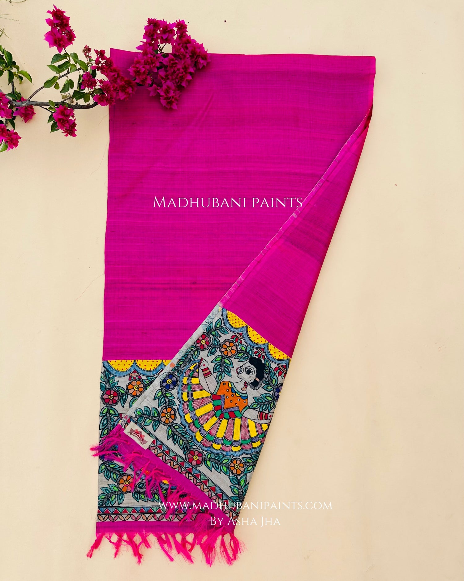 A hand-painted Madhubani Painting pink silk stole with floral and Gudiya figure artwork