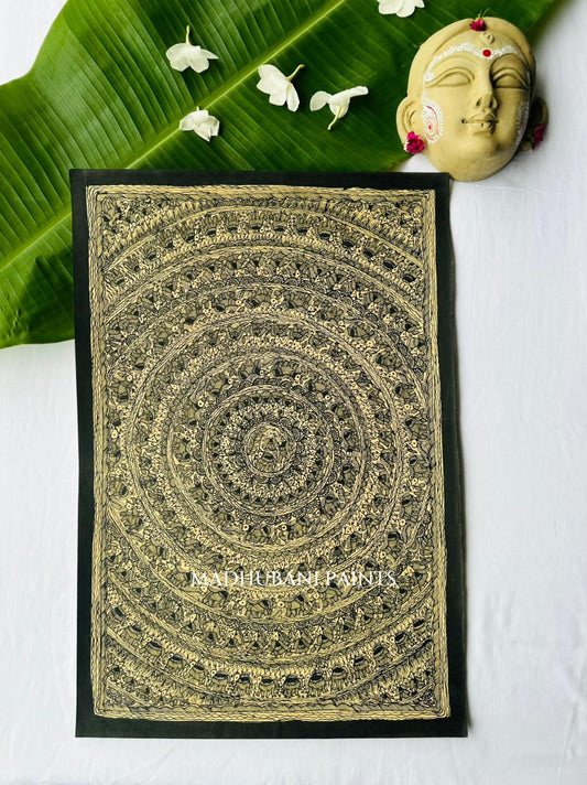 Madhubani mandala painting in black ink on natural cream cloth, concentric rings of tiny repeating figures radiating from a central flower