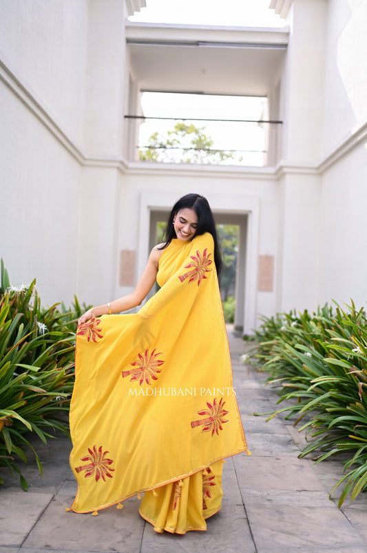 Yellow madhubani artwork saree on cotton
