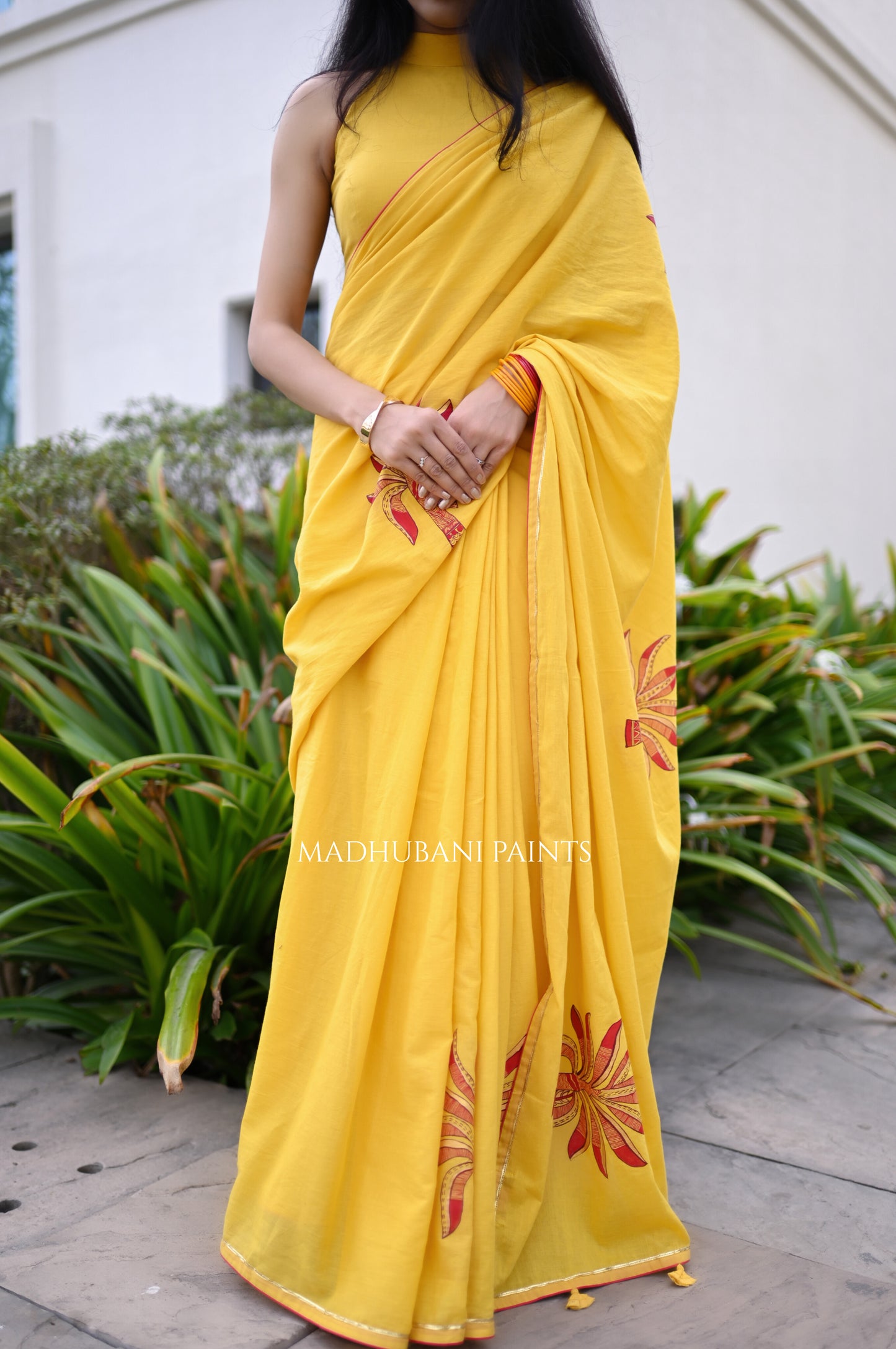 Yellow cotton saree with red banana artwork