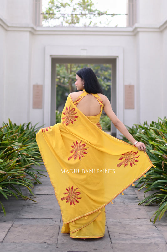 cotton saree with hand-painted Madhubani art